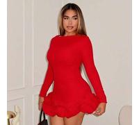 Shein Vestido rojo elegante de manga larga tipo tutú dulce para Navidad, Año Nuevo y temporada de otoño e invierno