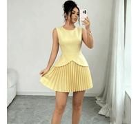 Shein Vestido rojo elegante sin mangas, falda plisada que ciñe la cintura, vestido de cóctel para ir al trabajo y citas con cuello redondo de alta gama, ves