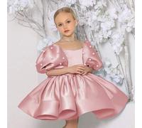 Shein Vestido rosa de fiesta de graduación con mangas abullonadas y lazo para niña preadolescente, vestido de princesa elegante adecuado para vestidos de ni