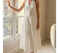 Shein Vestido sin mangas con cuello de solapa y diseño de cintura ceñida, estilo vintage francés, vestido fluido, adecuado para verano, playa, invitado de b