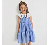 Shein Vestido sin mangas con cuello Peter Pan, bloque de color y dobladillo con volantes para niña joven