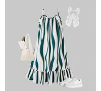 Shein Vestido sin mangas con estampado de rayas onduladas asimétricas para niñas ChillGrl, vestido holgado y cómodo de línea A con volantes en el bajo, adec