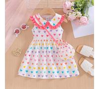 Shein Vestido sin mangas con estampado floral y cuello Peter Pan para niña bebé, con bolso a juego, para primavera y verano