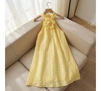 Shein Vestido sin mangas de línea A con cuello de halter, textura de tela sólida amarilla, con cuentas, para niña preadolescente, vestido de primavera y ver