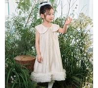 Shein Vestido sin mangas de niña con cuello de Peter Pan, unicolor y parches de malla, estilo coreano