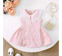 Shein Vestido sin mangas rosa con cuello Peter Pan y adorno de encaje para niñas bebé, ideal para el verano