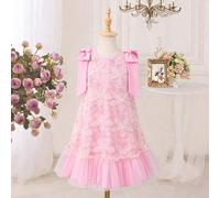 Shein Vestido sin mangas rosa para niñas. Con un gran lazo decorativo en los hombros y un diseño de falda de tul con volumen que le da un aspecto lindo y de