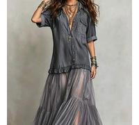 Shein Vestido suelto de mujer elegante boho casual encantador vintage efecto denim efecto malla brillante patchwork cuello de camisa manga media gris botone