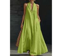Shein Vestido suelto y fluido sin mangas con cuello en V de lino artificial verde limón con bolsillos, vestido casual de verano para vacaciones y playa, lig
