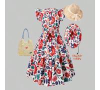 Shein Vestido tejido con estampado floral tropical para adolescentes ChillGirl. Vestido camisa con cuello, mangas con volantes y cinturón ajustable en la ci