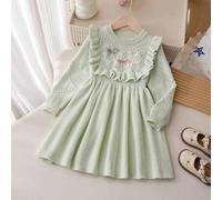 Shein Vestido tejido verde lindo con volantes en el bajo y decoración de moño para niña pequeña, adecuado para primavera/otoño, otoño/invierno, fiestas, eve