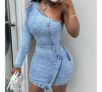 Shein Vestido vaquero azul para mujer, vestido ajustado y elástico de un hombro de largo midi, vestido de Navidad, vestido de Halloween, atuendo sexy para m