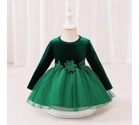 Shein Vestido verde de manga larga para niña, diseño floral con parche de malla en la falda, adecuado para uso diario, fiestas, reuniones, que muestra elega