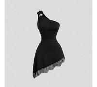 Shein Vestido Vintage Romántico para Mujer Joven, Estilo Sexy y Maduro, Escote Asimétrico de un Solo Hombro, Cintura Fruncida, Ajuste Ceñido, con Hebilla Me