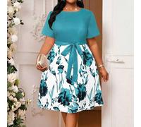 Shein Vestidos de verano elegantes y casuales de oficina para primavera y verano, con cuello redondo, manga corta, cinturón y falda midi acampanada, de punt