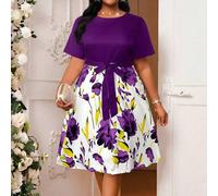 Shein Vestidos de verano para mujer de talla grande, elegantes, casuales y de oficina, de estilo bohemio, con cuello redondo, manga corta, cinturón, y falda