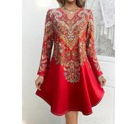 Shein Vestidos largos de manga larga con estampado retro casual para mujer, vestidos cortos de mujer con escote de concha a la moda, conjuntos de primavera
