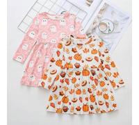 Shein Vestidos para niñas bebé 2 piezas/set de punto con patrón de calabaza de Halloween & rosa de Halloween, suave, cuello redondo, manga larga, vestido ti