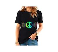 Shein Vibrant Glow-in-the-Dark Peace Symbol T-Shirt with Colorful Sound Waves TOP Black Casual Tee for Crew Neck Short Sleeve T-Shirt, Comfortable Cotton Bl
