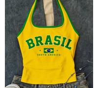 Shein Vibrant Sunshine Yellow, Golden Starburst, Gold Coast, Retro Fashionable Green BRAZIL Letter, Contrast Collar, preadolescente Girls Casual Halter Neck