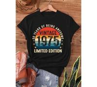 Shein Vintage 1975 Funny 50Th Birthday Gifts 50 Years Old Retro Print T-Shirt, Short Sleeve Crew Neck Casual Top for Summer & Spring, Women'S Clothing