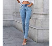 Shein Viva La Moda# Jeans Skinny Elásticos con Perlas para Mujer, Casual Versátil, Elegante, Sexy, Bohemio, para Fiesta, Denim, Estilo Universitario, Resort