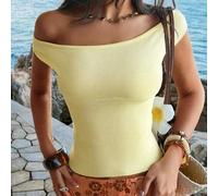 Shein Vive para el Top de punto amarillo mantequilla con hombros descubiertos de mujer Y2K, Crop Top ajustado y sexy, esencial para vacaciones y uso diario