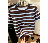 Shein Vuelta al Colegio Estilo Universitario con Decoración de Lazo a Rayas en Contraste, Camiseta Casual Minimalista, Camiseta de Mujer Casual de Cuello Re