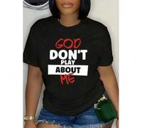 Shein White Printed Cotton T-Shirt With a Large "God, Don'T Play About Me" Print, Simple And Stylish, Perfect For Summer