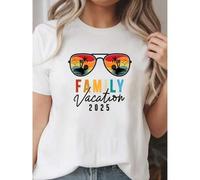 Shein White Tops, Family Vacation 2025 Beach Summer Men Women Matching T-Shirt Graphic Print Solid T-Shirt, Women's Casual Short Sleeve Top For Spring & Sum