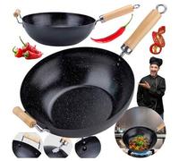 Shein Wok de acero al carbono de 28 cm: sartén antiadherente de fondo plano para cocinas de inducción, gas y vitrocerámica. Wok resistente para cocina asiát
