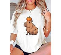 Shein women t-shirt print Capybara with Pumpkin on The Head Cute Capybara Halloween T-Shirt Soft Top For Everyday Wear Print Round Neck Short Sleeve Women T