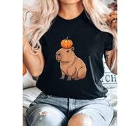 Shein women t-shirt print Capybara with Pumpkin on The Head Cute Capybara Halloween T-Shirt Soft Top For Everyday Wear Print Round Neck Short Sleeve Women T