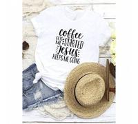Shein women t-shirt print Coffee Gets Me Started Jesus Keeps Me Going Shirt, Christian Shirts, Christian Clothing, Christian Shirts For Women, Funny Christi