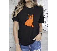 Shein women t-shirt print Creepy Cute Cat Fleece Crop Hoodie, Halloween Witchy Cropped Hooded Sweatshirt Unisex Comfortable Stretched streetwear Summer Brea