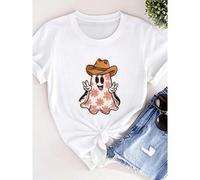 Shein women t-shirt print Cute Ghost Flower Pattern Sweatshirt, Peace Sign Ghost Sweater, Country Girl Ghost Hoodie, Halloween Cute Ghost Sweat, Halloween -