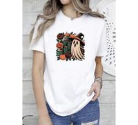 Shein women t-shirt print Cute Ghost Halloween Boho Flower T-Shirt For Her Floral Rose Halloween T Shirt For Autumn, Vintage Pumpkin Tee streetwear Comforta