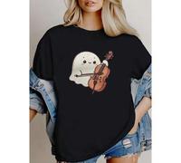 Shein women t-shirt print Cute Ghost Playing Cello Graphic Unisex T-Shirt, Music Lovers Halloween Spooky Season Novelty Shirt, Unique Top Gift Idea for Cell