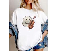 Shein women t-shirt print Cute Ghost Playing Cello Graphic Unisex T-Shirt, Music Lovers Halloween Spooky Season Novelty Shirt, Unique Top Gift Idea for Cell