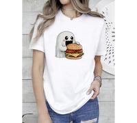 Shein women t-shirt print Cute Ghost with Burger T-Shirt, Spooky Hamburger Lover Tee, Halloween ® Shirt, Adorable Ghost Lover Gift, Fall Cozy Top Summer T-S