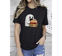 Shein women t-shirt print Cute Ghost with Burger T-Shirt, Spooky Hamburger Lover Tee, Halloween ® Shirt, Adorable Ghost Lover Gift, Fall Cozy Top Summer T-S
