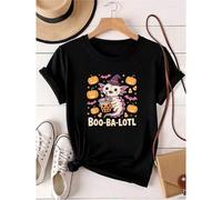 Shein women t-shirt print Cute Halloween Axolotl Boba Tea Pumpkin Witch T-Shirt Comfortable female Casual Print Round Neck Short Sleeve women Stretched T-Sh