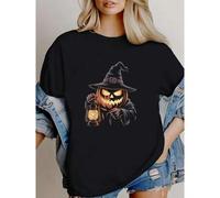 Shein women t-shirt print Cute Halloween Witch Pumpkin Face Scary Smile T-Shirt fashion Unisex Breathable Print Round Neck Short Sleeve designer clothes Sli