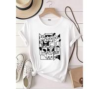 Shein women t-shirt print Feline Animal Friends Apparel for Cat Enthusiasts Geometric Cat Silhouette Abstract Kitten Classic Cute Cat T-Shirt, Smal... Sligh