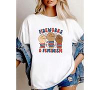 Shein women t-shirt print Fireworks and Feminism Shirt, Patriotic Feminist 4th of July Tee, Independence Day Gift for Her, American Women's Rights Comfort T
