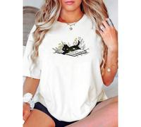 Shein women t-shirt print Floral Cat Shirt, Cat Lover Shirt, Cat Book Shirt, Cat Lover Gift, Gift for Her, Cat Mom Shirt Gift, Cute Cat Shirts, Cute Book Ca