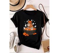 Shein women t-shirt print Funny Capybara with The Pumpkin on The Head Halloween Soup T-Shirt Versatile designer clothes women Women Top Graphic Tees Summer