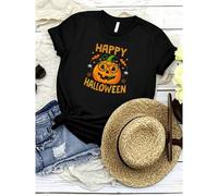 Shein women t-shirt print Funny Happy Halloween Pumpkin 2025 T-Shirt Breathable Stretched Women Top Graphic Tees Summer women female Stylish Versatile T-Shi