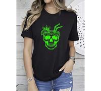Shein women t-shirt print Glow in the Dark Skull Drink Shirt Tropical Cocktail Graphic Tee Halloween Party T-Shirt Neon Spooky Beach Vibe Design fashion Wom