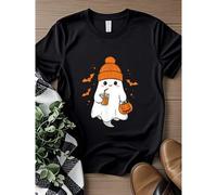 Shein women t-shirt print Halloween Boo Ghost with Pumpkin Spice Late in Beanie Cute T-Shirt streetwear Print Round Neck Short Sleeve Soft Summer fashion Sl
